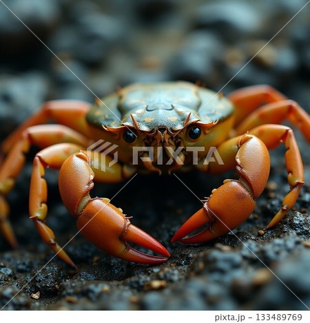 Close encounter with a vibrant crab on rocky shore Generative AI Close encounter with a vibrant crab on rocky shore Generative AI 133489769