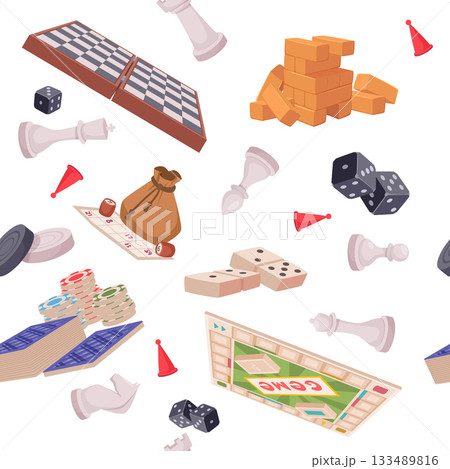 Board game. seamless pattern with board games tools cards domino chess 133489816