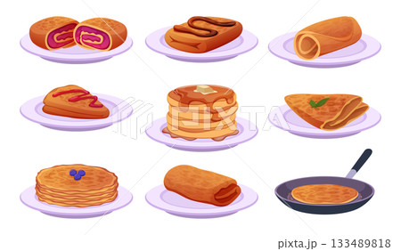 Pancakes. Dessert food with different ingredients pancakes with fruits and syrup exact vector template Pancakes. Dessert food with different ingredients pancakes with fruits and syrup exact vector template 133489818