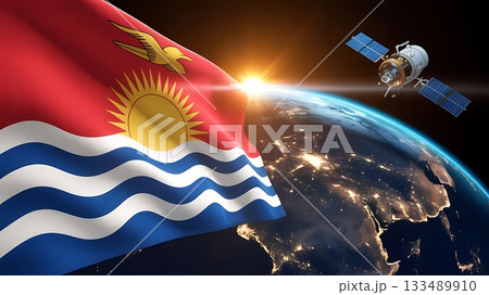 Kiribati flag waving in space with satellite orbiting earth at sunrise 133489910