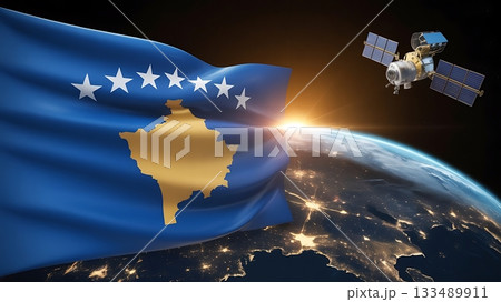 Kosovos digital future a satellite orbits above the nations flag and the earth 133489911