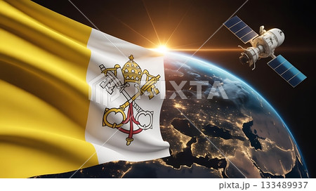 Vatican flag waving in space with satellite orbiting earth at sunrise 133489937