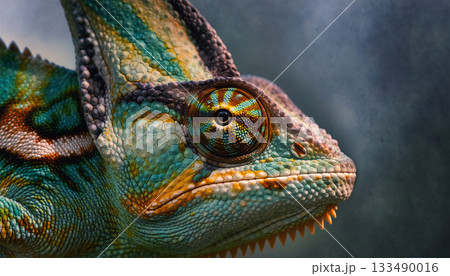 鮮烈な色彩のエボシカメレオンの顔の超クローズアップと鋭い眼差し 133490016