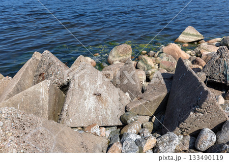 Rugged rocky shoreline features concrete breakwater blocks and tetrapods Rugged rocky shoreline features concrete breakwater blocks and tetrapods 133490119