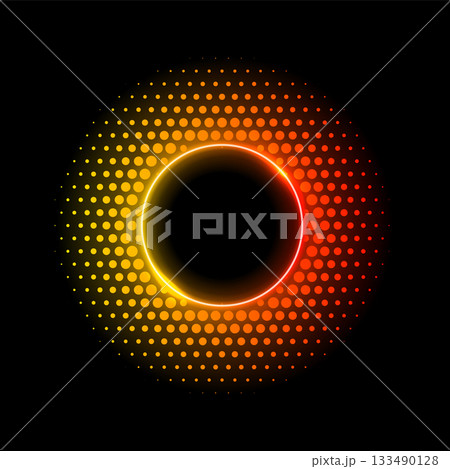 Color dotted round pattern. Neon yellow orange frame with halftone effect. Abstract shining background with light glowing elements. Glitter circle ring. Modern futuristic vector illustration 133490128