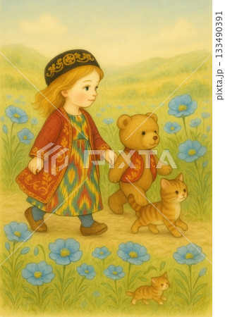 『旅する女の子ドーリー vol.6 テディとウズベキスタンの原っぱをお散歩』GenerativeAI 133490391