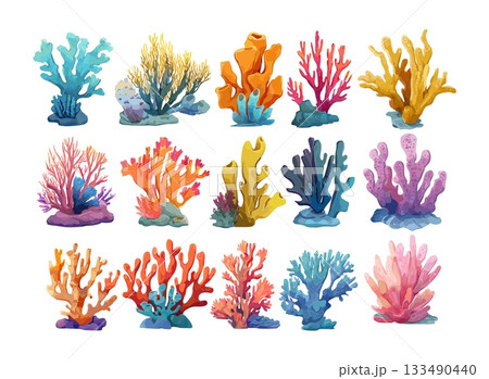 Coral reef elements cartoon vector set. Underwater plants seaweed polyps sea ocean fauna flora aquarium decoration marine life kelp anemones aquatic illustration isolated on white background 133490440