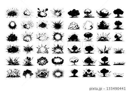 Comic boom effects cartoon vector set. Explosions detonations shockwave fumes ignite flameblast smoke cloud fire burst pop bang impacts bomb explosion illustration isolated on white backdrop 133490441