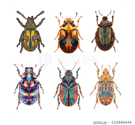 Colorful beatels cartoon vector set. Insects stained glass shell long antennae, bug with six legs simetric exosotic animal isolated on white background 133490444