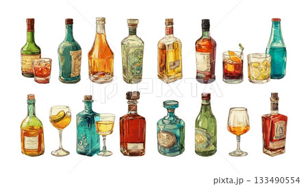 Alcoholic beverages bottles vector set. Glasses cocktails drinks spirits wine liquor whiskey assortment tipple glassware rum champagne brandy spirituous liquids vodka pubs aperitif isolated art 133490554