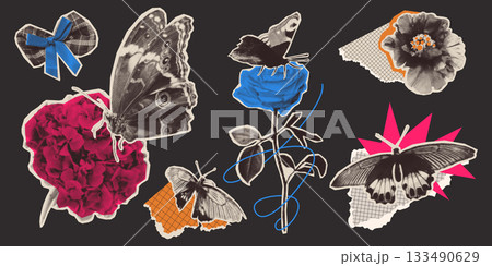 Halftone butterfly and flowers set isolated on black Halftone butterfly and flowers set isolated on black 133490629