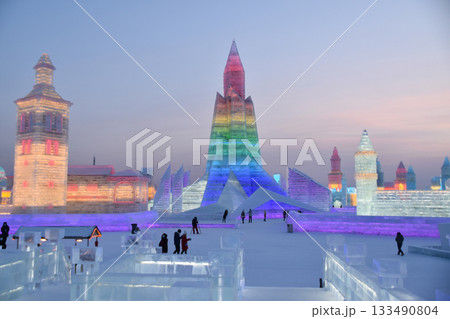 A city made entiirely of ice at the world-famous Harbin Ice & Snow Festival A city made entiirely of ice at the world-famous Harbin Ice & Snow Festival 133490804
