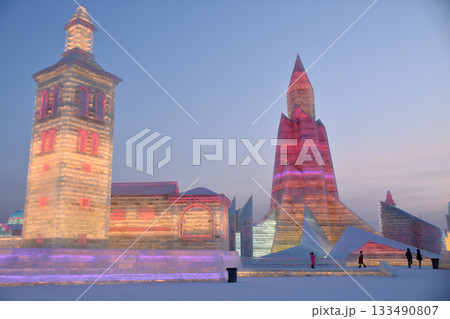 Colourful ice sculptures at Harbin Ice and Snow World 133490807
