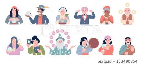 Fortune tellers. Actors with magic tools and equipment. Magicians, future teller, tarot reading, astrologers, shamans. Circus show recent vector characters Fortune tellers. Actors with magic tools and equipment. Magicians, future teller, tarot reading, astrologers, shamans. Circus show recent vector characters 133490854