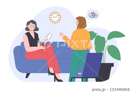 Woman talking about problems. Female chatting. Psychologist session with client. Finding troubles solution, new look on lifestyle, girl support, vector concept Woman talking about problems. Female chatting. Psychologist session with client. Finding troubles solution, new look on lifestyle, girl support, vector concept 133490868