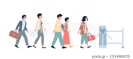 People queue at checkpoint. Men women coming in or going out in office building, public transport terminal, subway or bank. Crowd heading to turnstile, vector scene 133490870
