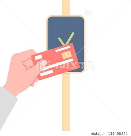 Online payment concept. Human holding credit debit card and pay in terminal for parking or ticket to public transport, subway, bus, vector concept 133490882