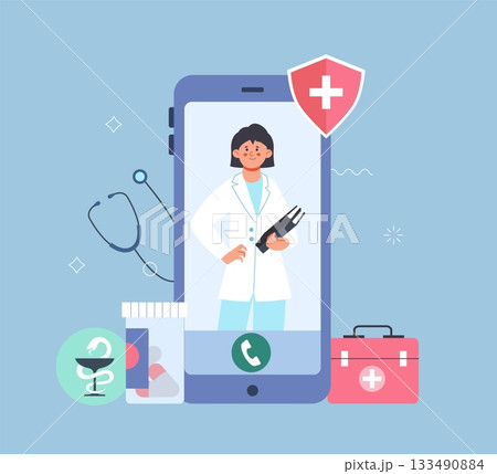 Online doctor. Remote access to medical insurance. Female medicine assistant on smartphone screen, video call consulting, healthcare vector concept 133490884
