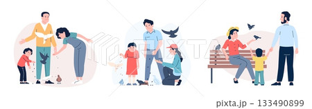 Family feeding birds. Mother father and children giving seeds to flying and walking bird. Outdoor entertainment, walk with parents on nature, vector scenes Family feeding birds. Mother father and children giving seeds to flying and walking bird. Outdoor entertainment, walk with parents on nature, vector scenes 133490899