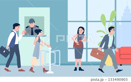 Employees heading to office for work. Workers go through security, terminal and security, show entry documents. Corporate morning, vector scene Employees heading to office for work. Workers go through security, terminal and security, show entry documents. Corporate morning, vector scene 133490903
