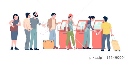Crowd to payment terminals. People buy tickets, pay to bills. E-tickets for public transport, train, subway, bus. Men women in waiting line, vector scene 133490904