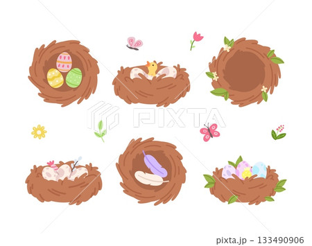 Bird nests. Nest with eggs, chick, feathers and empty. Easter decorative elements, nature decorations. Colorful festive egg, vector clipart 133490906