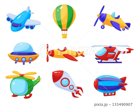 Cartoon air transport. Children plastic flying toys. Spaceship, hot air balloon, rescue helicopter, alien ship, airship and retro style plane, nowaday vector set 133490907