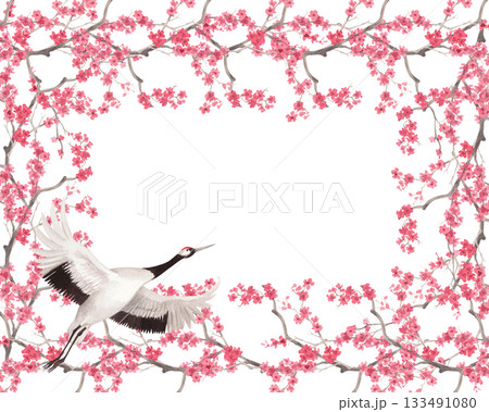 Restangular frame of sakura branches and japanese red crown crane. Watercolor handmade illustration. For fabric, wallpaper, greeting cards, design, decoration and illustration. 133491080