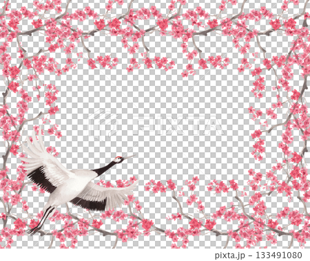 Restangular frame of sakura branches and japanese red crown crane. Watercolor handmade illustration. For fabric, wallpaper, greeting cards, design, decoration and illustration. 133491080