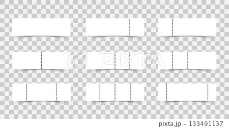 Set of blank white tickets or coupons with perforation and shadows on a transparent background. 133491137