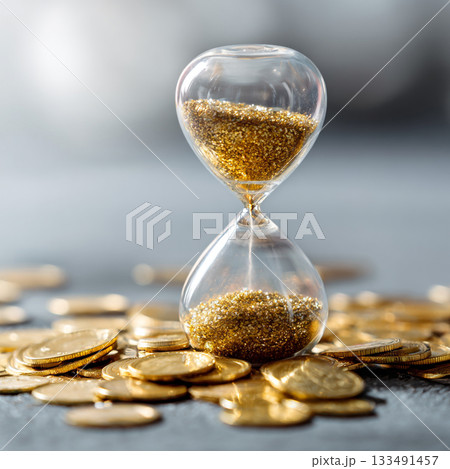 A clear hourglass with flowing gold glitter stands amidst a glittering pile of golden coins against a dramatic dark background, symbolizing wealth and the passage of time. 133491457