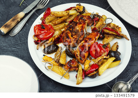 Homemade chicken skewers. 133491579