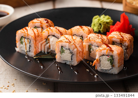 Philadelphia sushi rolls with seared salmon Philadelphia sushi rolls with seared salmon 133491844