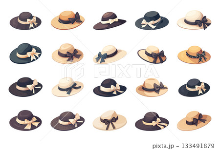 Set of cartoon vintage hats, straw and fabric, headwear, retro style, vector illustration 133491879