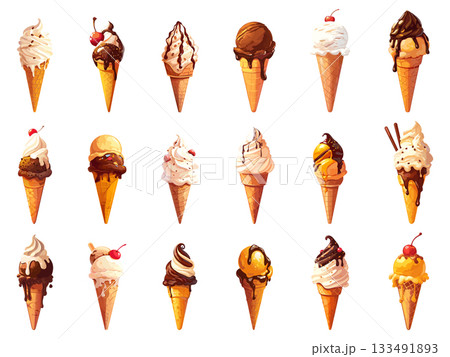 Set of cartoon different ice creams with different flavors and fruits, dessert, waffle cone, vector illustration 133491893