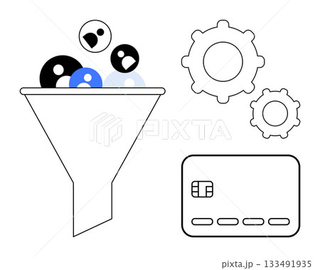 Funnels user avatars, payment card, and gears illustrating processes and transactions. Ideal for marketing, sales, e-commerce, data analysis, automation customer journey online payments. Line Funnels user avatars, payment card, and gears illustrating processes and transactions. Ideal for marketing, sales, e-commerce, data analysis, automation customer journey online payments. Line 133491935