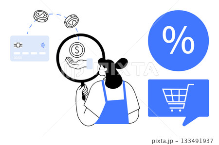 Female shopper examines dollar sign with magnifying glass, surrounded by credit card, coins, percentage sign, and shopping cart speech bubble. Ideal for e-commerce, online shopping, finance 133491937
