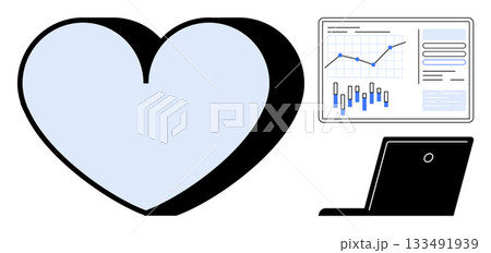 Heart shape adjacent to laptop displaying data analysis graph. Ideal for healthcare tech, business analysis, digital wellness, medical research, data visualization, technology integration, online Heart shape adjacent to laptop displaying data analysis graph. Ideal for healthcare tech, business analysis, digital wellness, medical research, data visualization, technology integration, online 133491939