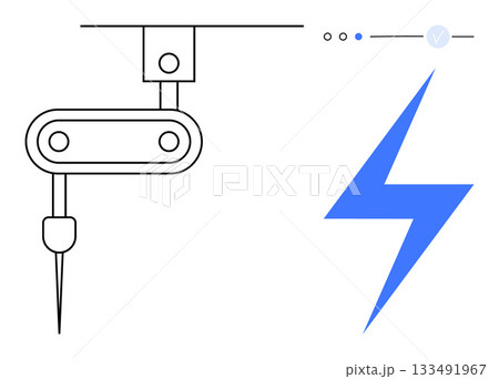 Robotic arm with needle attachment next to control interface and blue lightning bolt. Ideal for technology, automation, robotics, engineering, innovation, energy, and science themes. Line metaphor Robotic arm with needle attachment next to control interface and blue lightning bolt. Ideal for technology, automation, robotics, engineering, innovation, energy, and science themes. Line metaphor 133491967