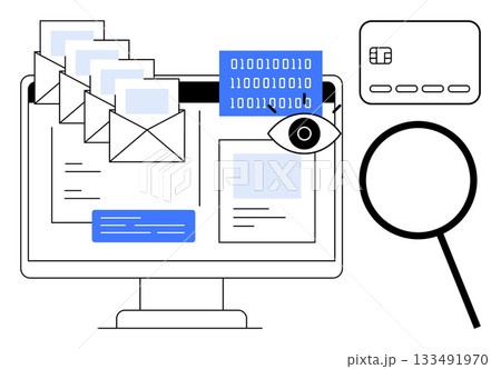 Emails and digital data displayed on computer screen, credit card alongside magnifying glass for cyber security investigation. Ideal for cybersecurity, data protection, online privacy, fraud 133491970
