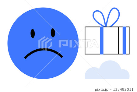 Sad face emoticon next to a gift box with a blue ribbon and a light blue cloud. Ideal for themes thumbs up emotions, gifts, contrasts, digital communication, holidays, disappointment, celebrations 133492011