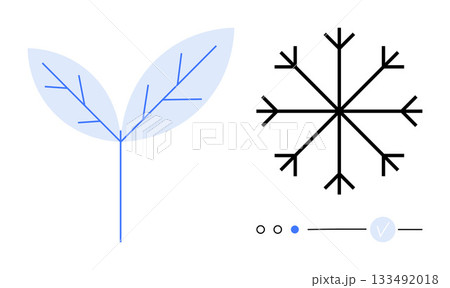 Futuristic leaf with blue veins and geometric snowflake next to minimalistic control elements. Ideal for nature, technology, design, contrast, seasons, purity, and freshness themes. Line metaphor Futuristic leaf with blue veins and geometric snowflake next to minimalistic control elements. Ideal for nature, technology, design, contrast, seasons, purity, and freshness themes. Line metaphor 133492018
