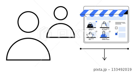 Two user icons next to a digital storefront with products displayed in a shopping cart interface. Ideal for online shopping, e-commerce, user management, digital marketing, product sales, web design Two user icons next to a digital storefront with products displayed in a shopping cart interface. Ideal for online shopping, e-commerce, user management, digital marketing, product sales, web design 133492019