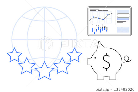 Piggy bank with dollar symbol, five rating stars in front of globe, and data board with charts and graphs. Ideal for financial planning, global economy, investment strategies, business analysis Piggy bank with dollar symbol, five rating stars in front of globe, and data board with charts and graphs. Ideal for financial planning, global economy, investment strategies, business analysis 133492026