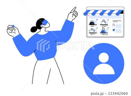 Woman using tablet to browse online shop, depicting interaction with digital storefront. Ideal for online shopping, digital marketing, e-commerce, consumer behavior, user experience, retail, mobile 133492069