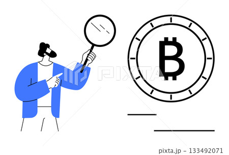 Man holding magnifying glass and pointing towards a large Bitcoin symbol. Ideal for financial analysis, cryptocurrency insights, investment, blockchain education, digital finance, market trends 133492071