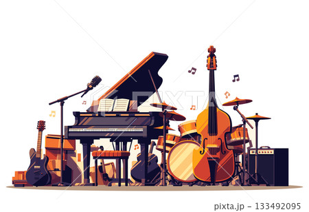 A set of musical instruments standing in a pile, a piano, a double bass, a stand with a microphone, an amplifier, guitars and drums, vector illustration 133492095