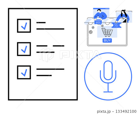 Checklist with checkmarks, shopping cart with transactions, and microphone icon for voice commands. Ideal for productivity apps, e-commerce, digital assistants, task management, online shopping Checklist with checkmarks, shopping cart with transactions, and microphone icon for voice commands. Ideal for productivity apps, e-commerce, digital assistants, task management, online shopping 133492100