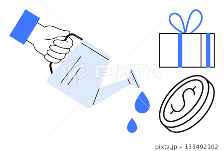 Hand pouring water from a watering can with three drops, indicating nurturing growth. Accompanied by a wrapped gift box and a coin with a dollar sign. Ideal for business, investment, finance 133492102