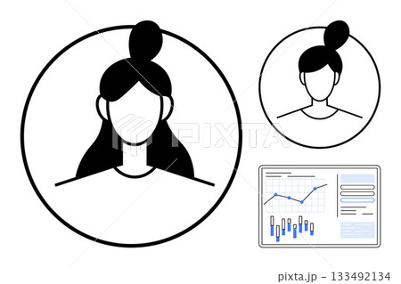 Two female avatar profiles with hair bun in circular frames next to an analytics chart showing data trends and statistics. Ideal for user profiles, identity verification, data analysis, online 133492134